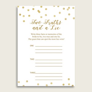 Gold Confetti Bridal Shower Two Truths And A Lie Game, Gold White Bachelorette Party Game Printable, 2 Truths 1 Lie, Instant Download CZXE5