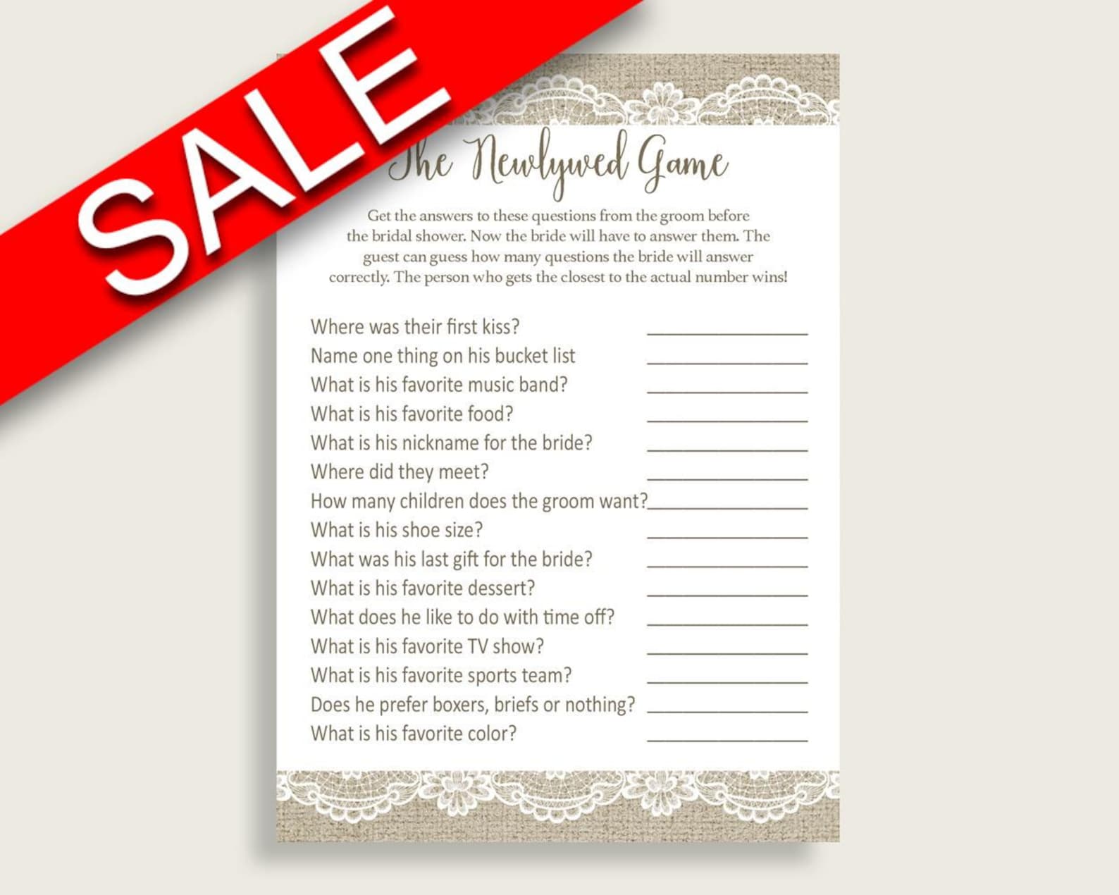 The Newlywed Game Bridal Shower the Newlywed Game Burlap and Etsy