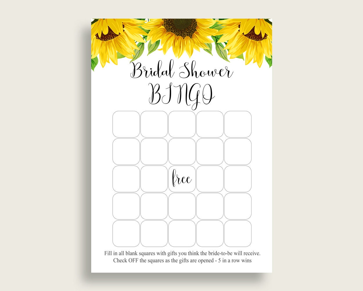 Sunflower Bridal Shower Blank Bingo Game Cards Printable, Bridal Shower  Bingo Gift Game Yellow White, Instant Download, Elegant Flower SSNP20 Intended For Blank Bridal Shower Bingo Template