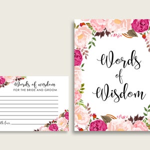 Roze beige woorden van wijsheid kaarten & teken afdrukbaar, Boho bruids douche wensen voor bruid en bruidegom, Instant Download, Boho Floral JTD7P