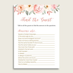 Blush Flowers Find The Guest Bridal Shower Game, Pink Yellow Find The Guest Who, Ice Breaker Activity Printable, Instant Download, 06D7T