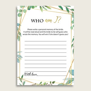 Green Gold Who Am I Bridal Shower Game Printable, Greenery Bridal Shower Activity, Ice Breaker Game, Instant Download, Geometric 9GOY4