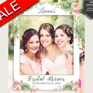 Printable Succulent Bridal Shower Photo Booth Frame, Bachelorette Selfie Frame, Green Pink Photo Prop Editable, Instant Download 1LIZN