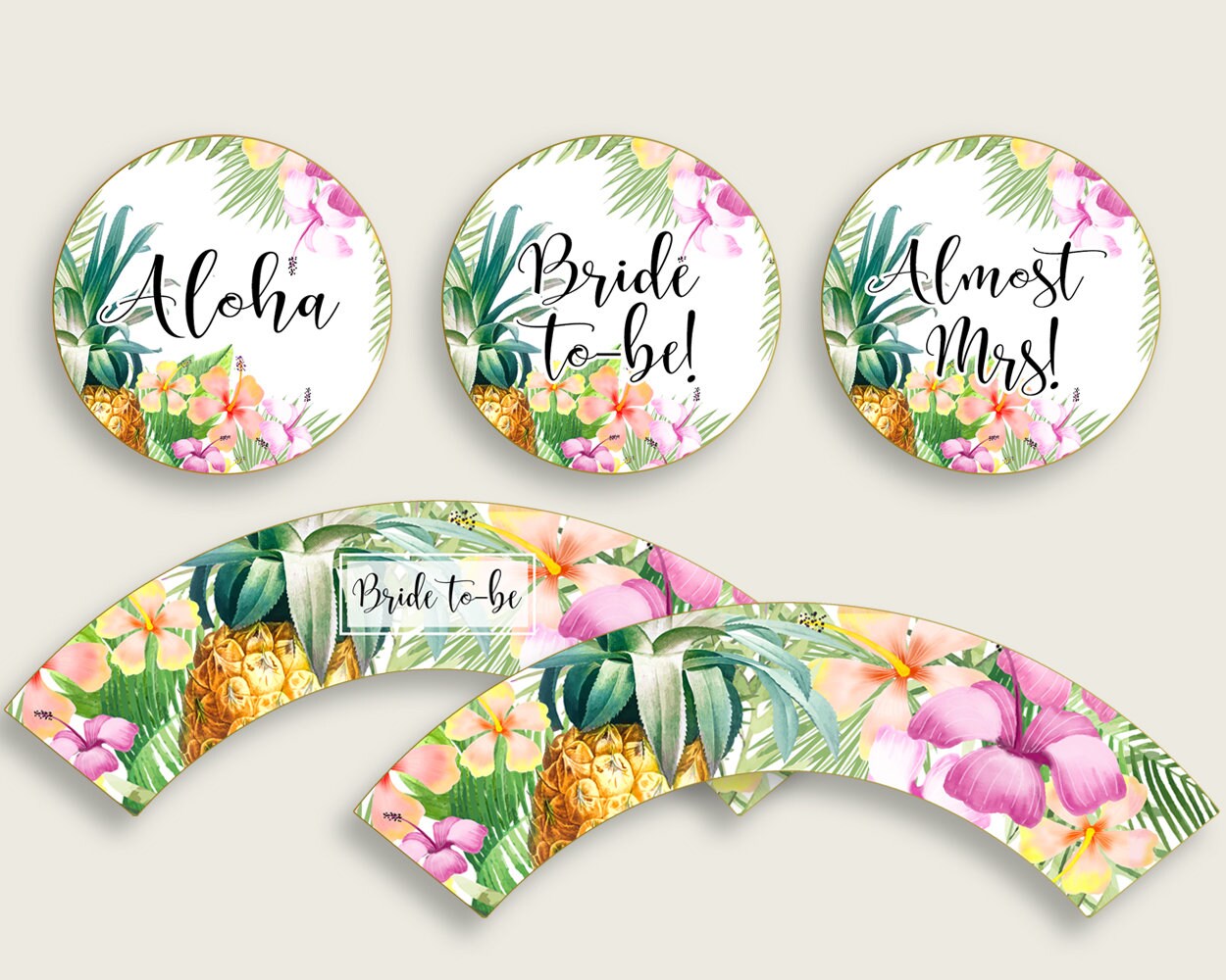 Tropical Bridal Shower Cupcake Toppers Printable Green Pink Bridal Shower Cupcake Wrappers Instant Download Aloha Luau Summer