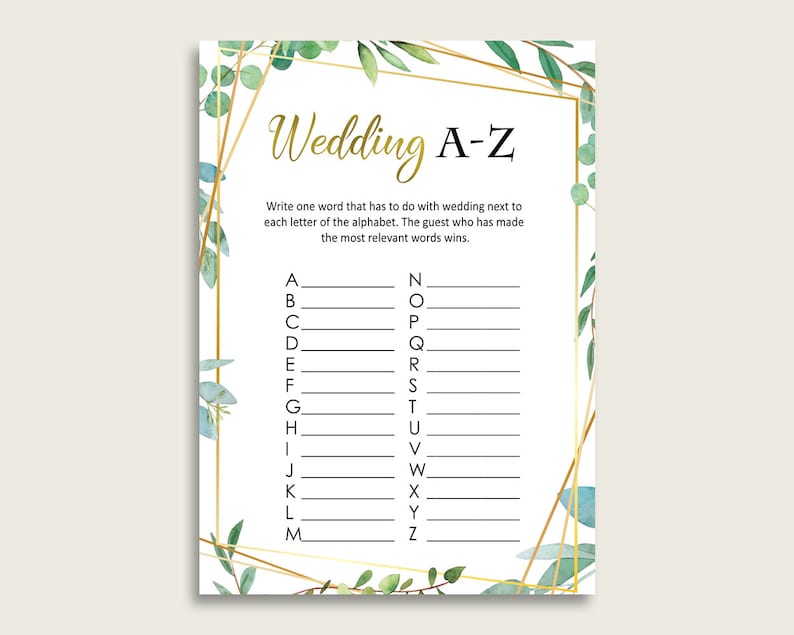 Greenery Bridal Shower Wedding A-Z Game, Green Gold Bridal Alpha Greenery Bridal Shower Wedding A-Z Game, Green Gold Bridal Alpha