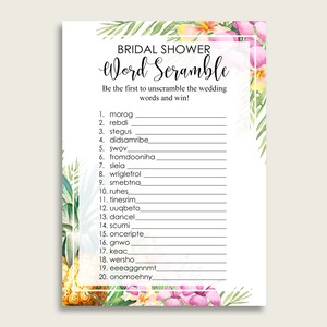 Tropical Bridal Shower Word Scramble Game, Green Pink Word Scramble Printable, Bachelorette Party, Instant Download, Aloha Luau Summer ARTAN