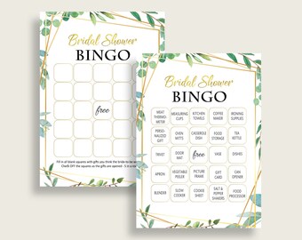 Greenery Bridal Shower Bingo Cards Printable, 60 Prefilled Bingo Game Cards Green Gold, Free Empty Bingo, Instant Download, Geometric 9GOY4