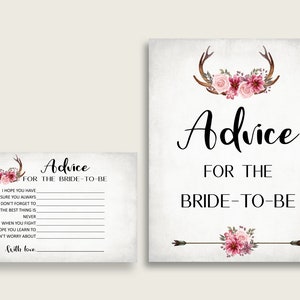 Hirschgeweih Brautparty Ratschlag Karten & Schild druckbare, rosa graue Ratschläge für die Braut, Sofort Download, Blumen Vintage rustikal MVR4R