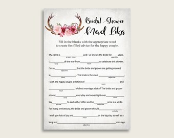 Deer Antlers Bridal Shower Mad Libs Cards Game, Pink Gray Mad Libs Advice Printable, Bachelorette Party, Instant Download, Flowers MVR4R