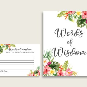 Roze groene woorden van wijsheid kaarten & teken afdrukbaar, Hawaiiaanse bruids douche wensen voor bruid en bruidegom, Instant Download, Luau Palm Leaf 9ENSG