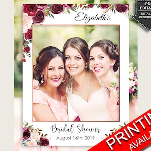 Printable Burgundy Bridal Shower Photo Booth Frame, Bachelorette Selfie Frame, Red Pink Photo Prop Editable, Instant Download, Bride 6GQOT