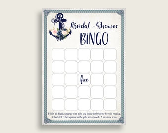Nautical Anchor Bridal Shower Blank Bingo Game Cards Printable, Bridal Shower Bingo Gift Game Blue Beige, Instant Download, 87BSZ