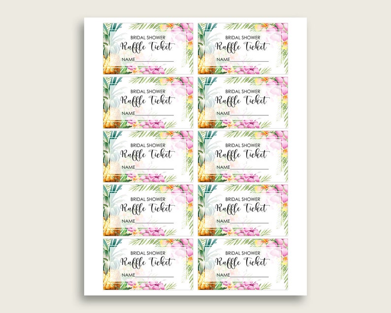 Tropical Bridal Shower Raffle Tickets Green Pink Bridal - Etsy