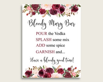 Burgundy Bridal Shower Bloody Mary Bar Sign, Red Pink Cocktail Bar Sign Printable, Instant Download, Marsala Floral 6GQOT