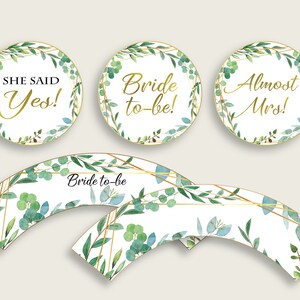 Greenery Bridal Shower Cupcake Toppers Printable, Green Gold Bridal Shower Cupcake Wrappers, Instant Download, Botanical Floral 9GOY4