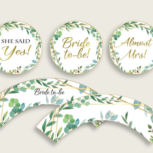 Greenery Bridal Shower Cupcake Toppers Printable Green Gold Etsy