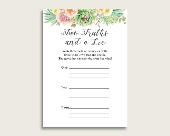 Succulent Bridal Shower Two Truths And A Lie Game, Green Pink.