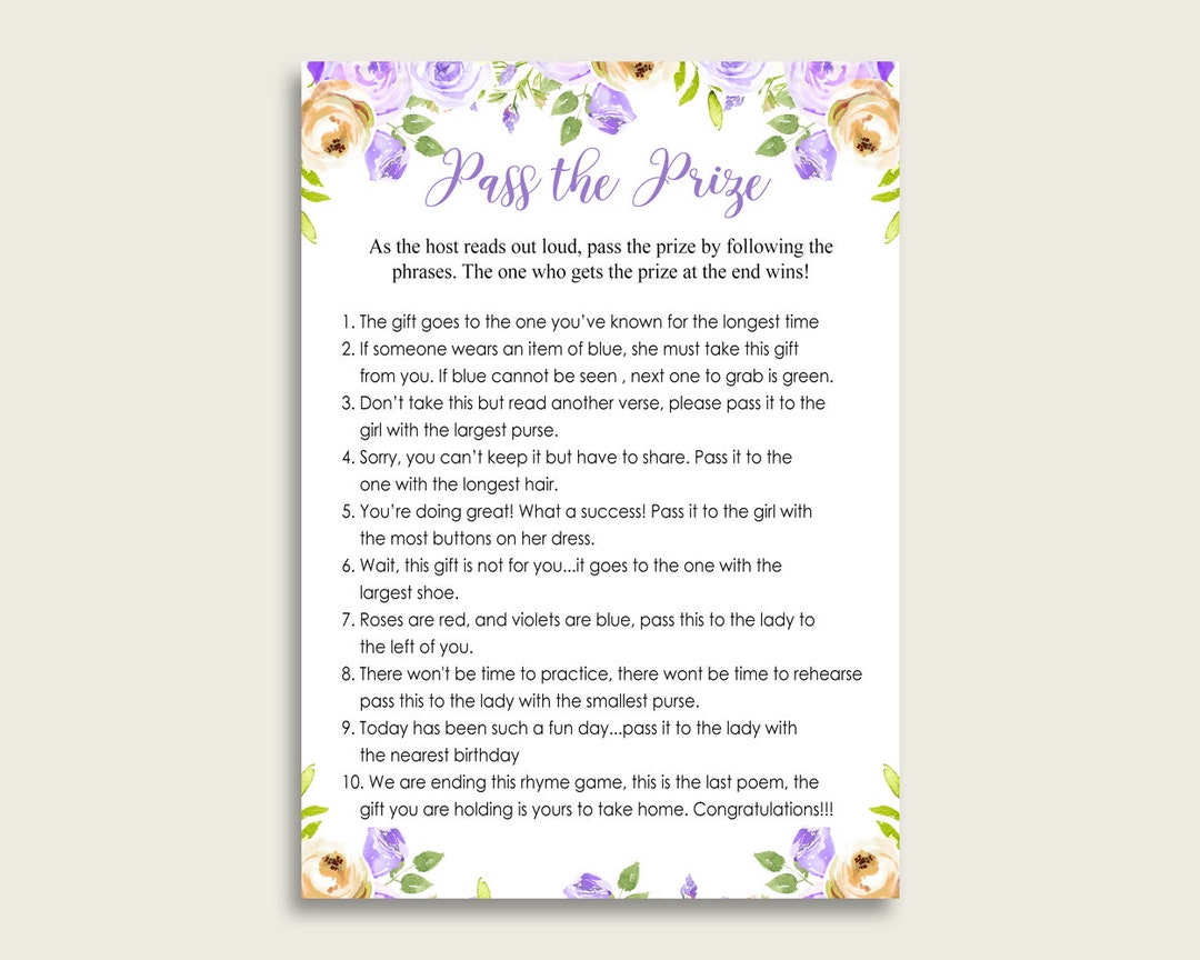 Purple Floral Bridal Shower Pass the Prize Game, Purple Yellow Pass the ...