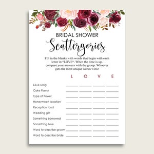 Burgund Brautparty Scattergories Printable, Rot Pink Scattergories Liebesspiel, Junggesellinnenabschied, Junggesellinnenabschied, Instant Download, 6GQOT