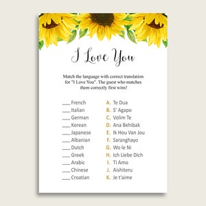 Sunflower I Love You Around The World, Yellow White Bridal Shower Game Printable, Different Languages, Bachelorette Party, Instant SSNP1