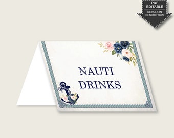 Nautical Anchor Food Tent Cards Printable, Blue Beige Table Tent Place Cards Editable, Bridal Shower Food Labels, Name Cards, Instant 87BSZ