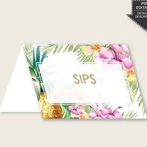 Carte per tende alimentari tropicali stampabili, segnaposto per tende da tavolo rosa verde modificabili, etichette alimentari per addio al nubilato, biglietti da visita, ARTAN istantaneo