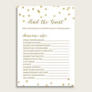 Gold Confetti Find The Guest Bridal Shower Game, Gold White Find The Guest Who, Ice Breaker Activity Printable, Instant Download, CZXE5