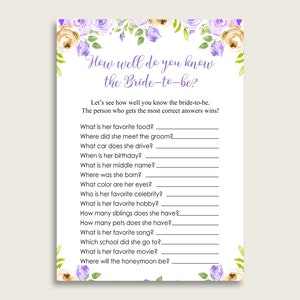 Purple Floral How Well Do You Know The Bride, Purple Yellow Bridal Shower Game Printable, Who Knows Bride Best, Instant Download, WEE0X