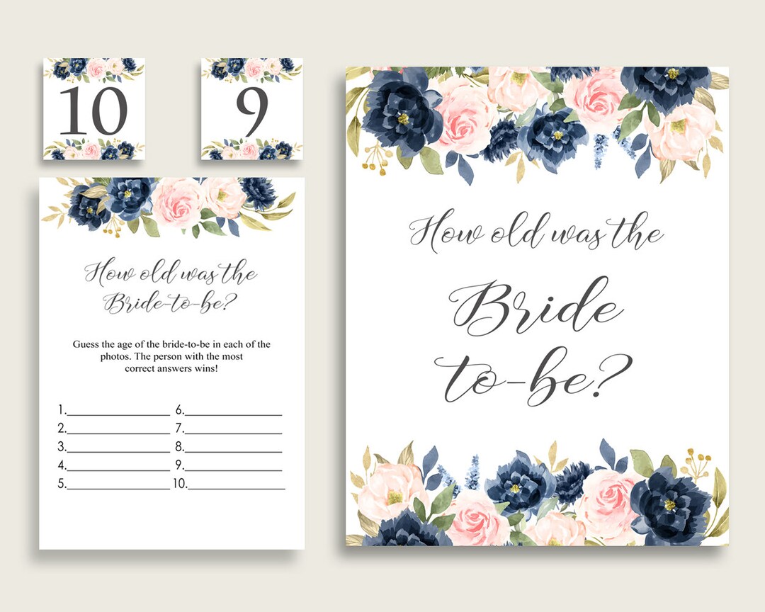 Navy Blush Floral How Old Was the Bride to Be Game, Blue Pink Guess the ...