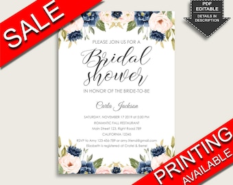 Navy Blush Floral Bridal Shower Invitation, Blue Pink Bridal Shower Invite Editable, Printable or Printed, Instant Download, UY5IG