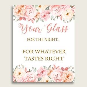 Blush Blumen Brautparty Glas für die Nacht Zeichen druckbare, rosa gelbe Getränke Tasse Zeichen, Bar Zeichen, Instant Download, Koralle Gold 06D7T