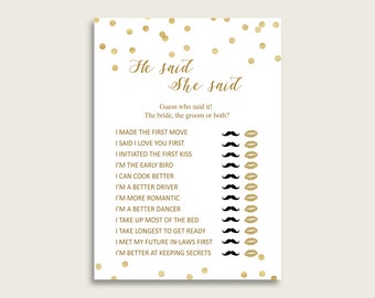 Gold Confetti Bridal Shower He Said She Said Game, Gold White Gues Who Said It Printable, Bride Or Groom, Instant Download, CZXE5