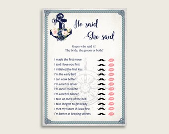 Nautical Anchor Bridal Shower He Said She Said Game, Blue Beige Gues Who Said It Printable, Bride Or Groom, Instant Download, 87BSZ