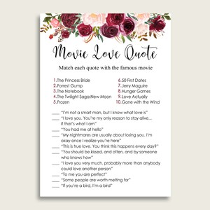Burgundy Romantic Movie Love Quotes Match Game, Red Pink Bridal Shower Game Printable, Bachelorette Party, Instant Download, 6GQOT