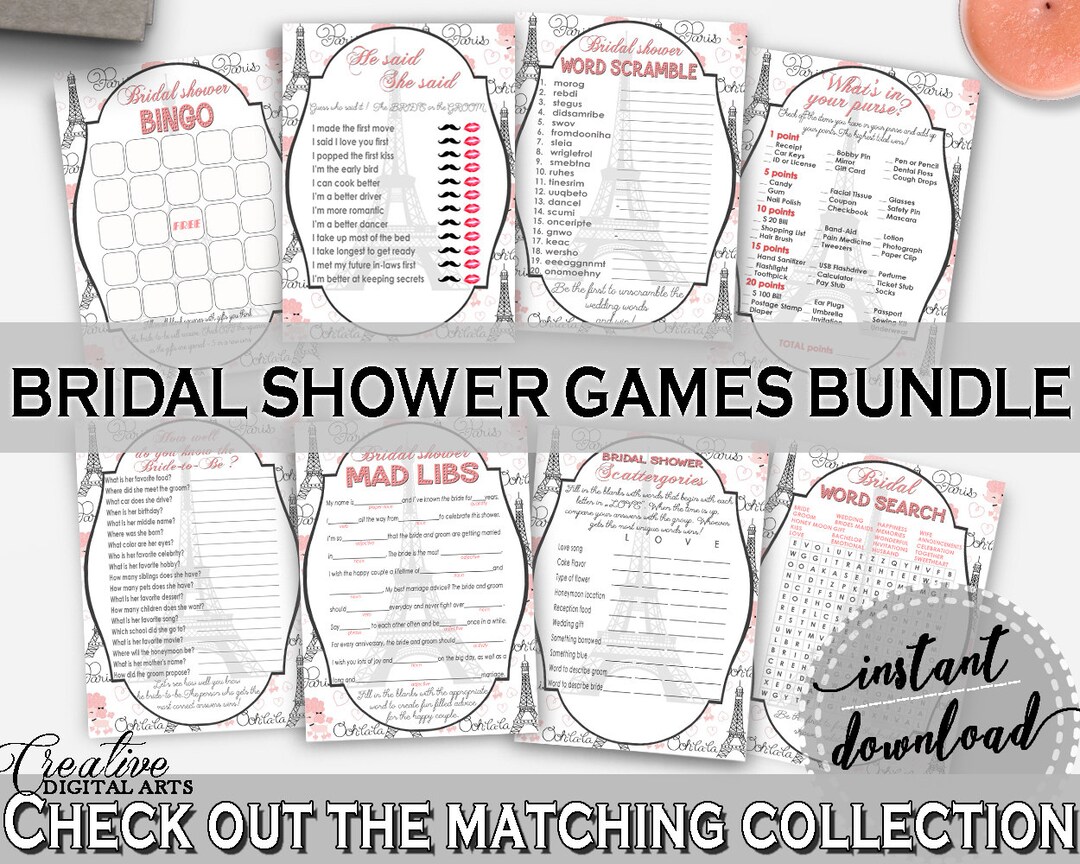 Games Bundle in Paris Bridal Shower Pink and Gray Theme, Games Deal, Bridal Shower Paris ...