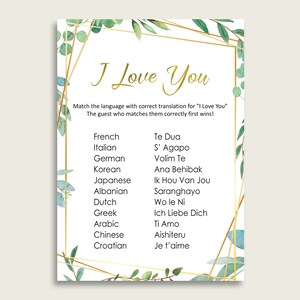 Greenery I Love You Around The World, Green Gold Bridal Shower Game Printable, Different Languages, Bachelorette Party, Instant 9GOY4
