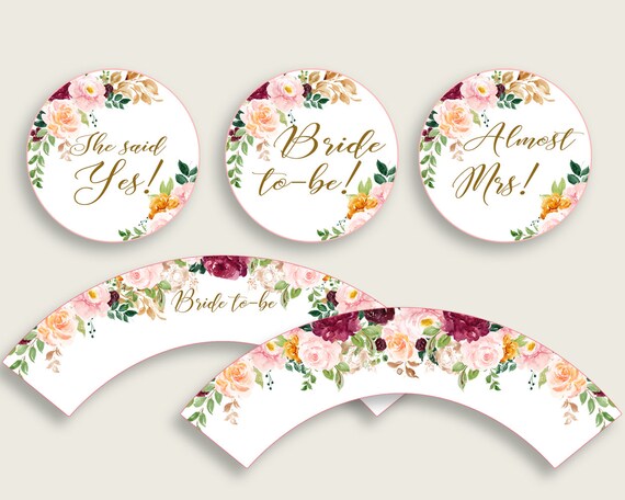 Romantic Floral Bridal Shower Cupcake Toppers Printable Rose | Etsy