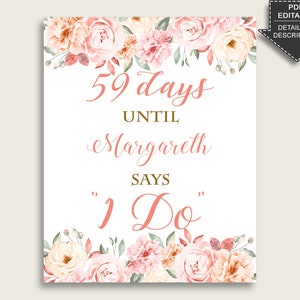 Blush Flowers Bridal Shower Days Until I Do Sign Editable, Pink Rose Gold Countdown Sign Printable, Bachelorette Sign, Instant 06D7T