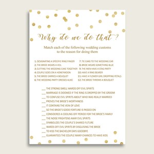 Gold White Why Do We Do That Game Printable, Gold Confetti Bridal Shower Wedding Traditions Guessing Game, Trivia Games, Instant CZXE5