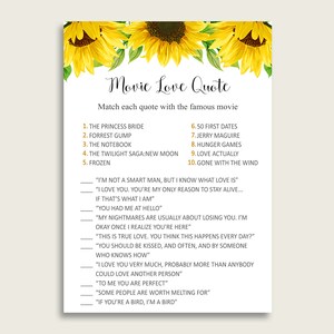 Sunflower Romantic Movie Love Quotes Match Game, Yellow White Bridal Shower Game Printable, Bachelorette Party, Instant Download, SSNP1