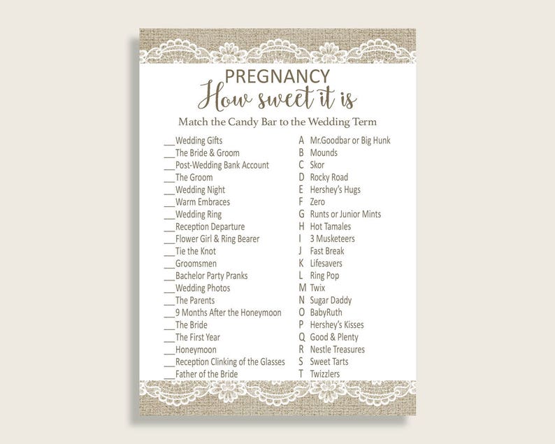 Candy Bar Game Bridal Shower Candy Bar Game Burlap and Lace Etsy