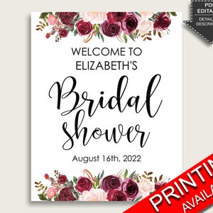 Burgundy Bridal Shower Welcome Sign, Red Pink Large Welcome Sign, Printable or Printed, Editable Party Yard Sign, Instant Download, 6GQOT