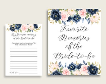 Navy Blush Floral Favorite Memory With Bride To Be Cards and Sign, Blue Pink Bridal Shower Printable, Bachelorette, Instant Download, UY5IG