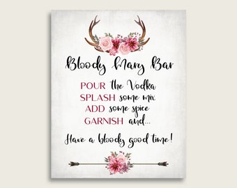 Deer Antlers Bridal Shower Bloody Mary Bar Sign, Pink Gray Cocktail Bar Sign Printable, Instant Download, Horns Bohemian Style MVR4R