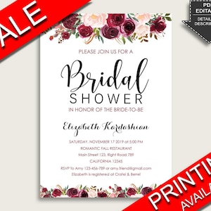 Burgundy Bridal Shower Invitation, Red Pink Bridal Shower Invite Editable, Printable or Printed, Instant Download, Marsala Floral 6GQOT