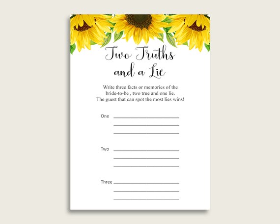 Sunflower Bridal Shower Two Truths And A Lie Game, Yellow White.