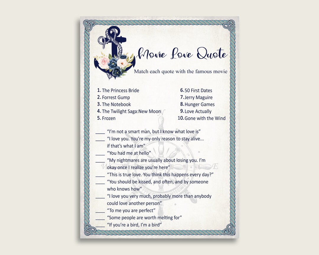 Nautical Anchor Romantic Movie Love Quotes Match Game, Blue Beige