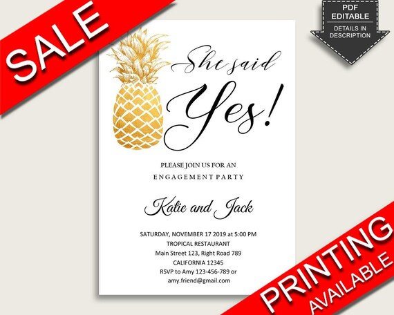 Pineapple She Said Yes Invitation Editable Gold White | Etsy