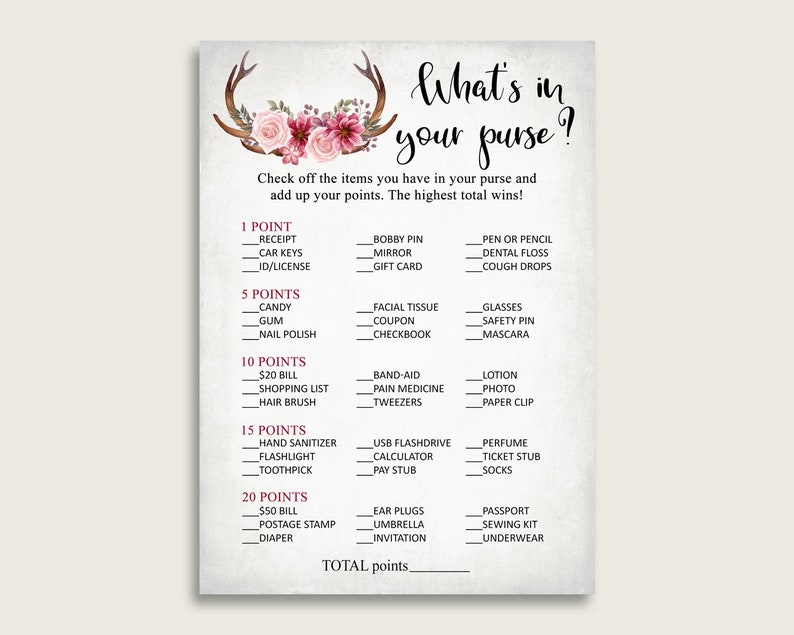 Purse Hunt Purse Raid Deer Antlers Whats In Your Purse Game Pink Gray Bridal Shower Printable Bachelorette Party Instant MVR4R
