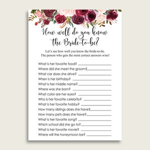 Burgundy How Well Do You Know The Bride, Red Pink Bridal Shower Game Printable, Who Knows Bride Best, Instant Download, Marsala Floral 6GQOT